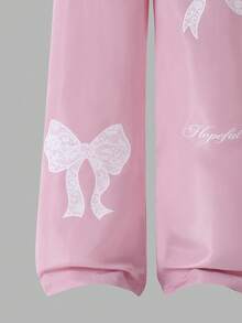 SHEIN Sparklyn 青少年女孩秋季服飾 高腰休閒可愛 Clean Girl 風格 時尚街頭風 日常上學通勤 蝴蝶結字母印花 寬鬆寬腿褲 - 彩色 - 查看 6