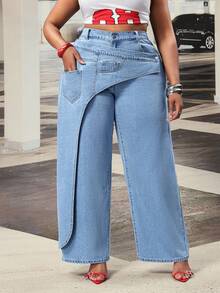 Slaydiva Plus Size Women's High Waist Retro American Patchwork Asymmetric Deconstructed Design Wide Leg Jeans - Light Wash - View 4