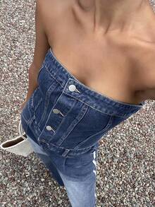 DAZY Quần yếm và áo liền quần denim phong cách đường phố thường ngày dành cho nữ, mùa xuân và hè. - Màu xanh lam - Xem 1