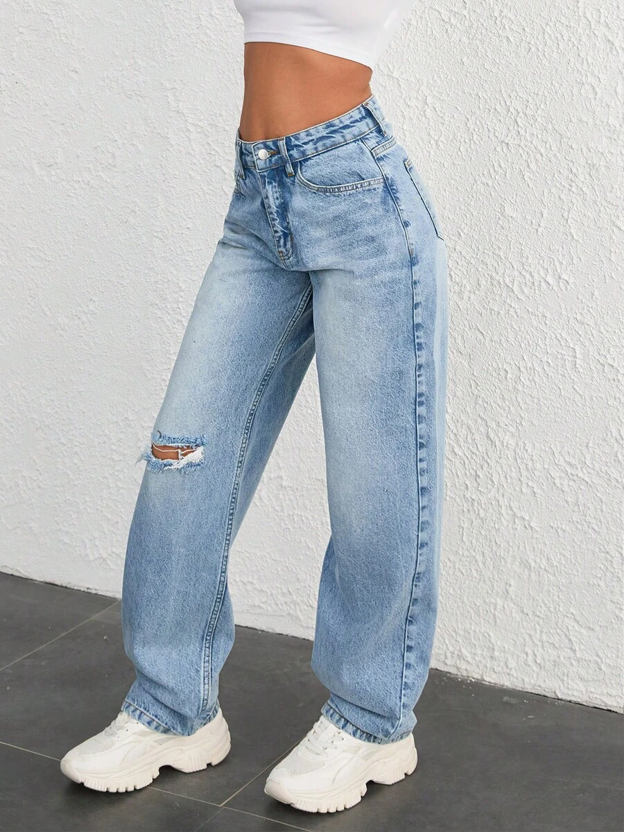 SHEIN Pantalón vaquero recto de talle alto, ajuste regular, lavado azul medio, con botones delanteros y rodillas rotas, estilo casual - Azul lavado medio - Ver 1
