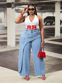 Slaydiva Plus Size Women's High Waist Retro American Patchwork Asymmetric Deconstructed Design Wide Leg Jeans - Light Wash - View 6