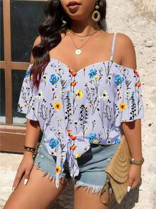 EMERY ROSE Áo sơ mi cỡ lớn thời trang, phong cách retro, họa tiết hoa, trễ vai, thắt nơ phía trước. - Màu tím hoa cà - Xem 5