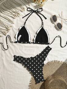 Swim Mod Conjunto de bikini de un solo color con volantes elásticos para mujer, ideal para vacaciones - Multicolor - Ver 2