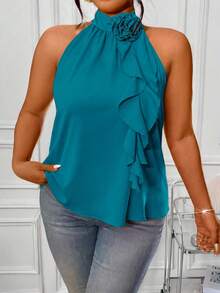 Rometta Plus Size Summer Elegant 3D Floral Ruffle Neck Blouse For New Year Clothes - Green - View 2