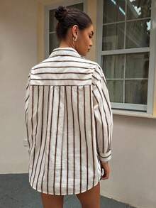 DAZY Áo sơ mi 2 trong 1 kẻ sọc dáng rộng thoải mái dành cho nữ - Màu Khaki - Xem 2