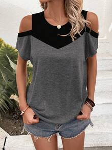 EMERY ROSE 撞色露肩T恤图案女式上衣 - 彩色 - 查看 6