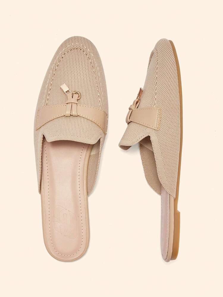 CUCCOO BASICS Women Shoes Fashion Apricot Flat Bottom Round Toe Knitted Mule Women's Shoes Commuting Versatile Elegant Party Vacation Women Flat Shoes
