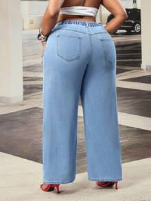 Slaydiva Plus Size Women's High Waist Retro American Patchwork Asymmetric Deconstructed Design Wide Leg Jeans - Light Wash - View 2
