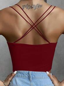 Rovax Top sin espalda con tirantes cruzados, sexy y ajustado para mujeres - Burdeos - Ver 2