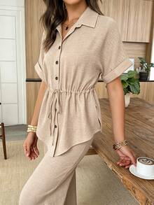 Elouméa Size Summer Casual Solid Color Drawstring Waist Shirt And Pants 2 Pieces Set - Khaki - View 3
