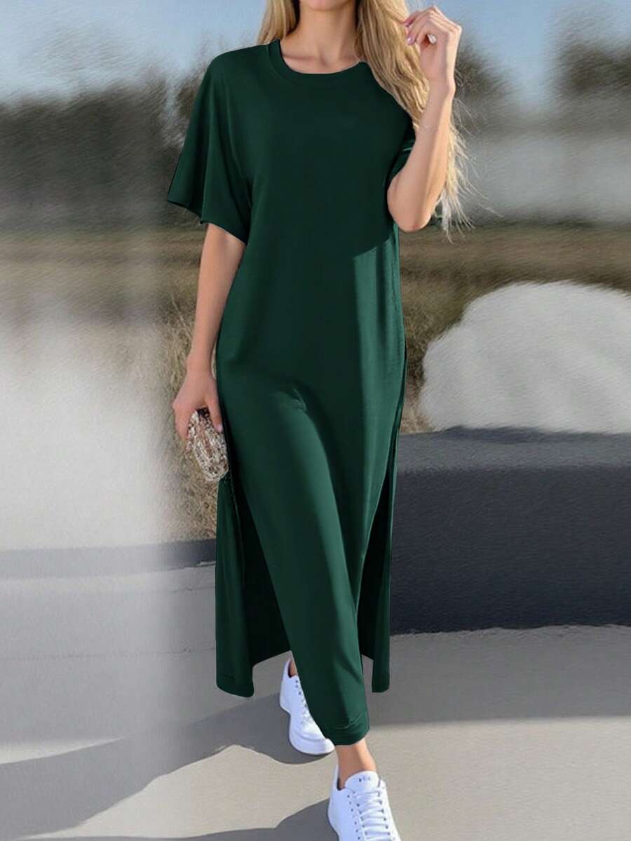 Tropvida Women's Casual Solid Color Side Slit Dress, Summer - Dark Green - View 1