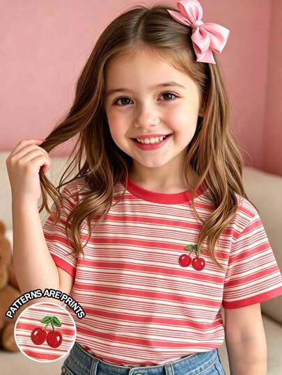 Baby Girl Sweet Cute Cherry Embroidered Print Striped Short Sleeve T-Shirt Top, Suitable For Outings In Summer