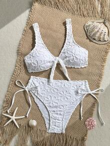 Swim Mod Damen Sommerurlaub Strand Outfit, zufälliges weißes spezielles Stoff dicke Träger Bikini Zweiteiler Badeanzug - Weiss - Übersicht 4