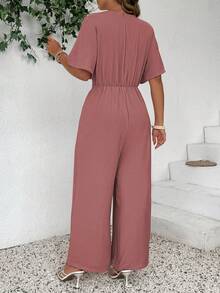 Linhara CURVE Bộ jumpsuit ống rộng cổ chữ V buộc dây phía trước dành cho nữ cỡ lớn, thời trang thường ngày mùa xuân/hè. - Màu Hoa hồng đỏ - Xem 2
