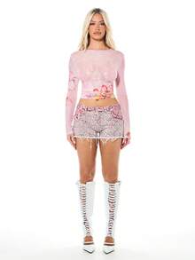 SUMWON WOMEN Sparkly Sequin Embellished High Rise Distressed Denim Shorts With Frayed Hem Snake Print Detail Festival Summer Vacation Beach Party Rave Concert Glitter Hot Pants - Pink - View 6