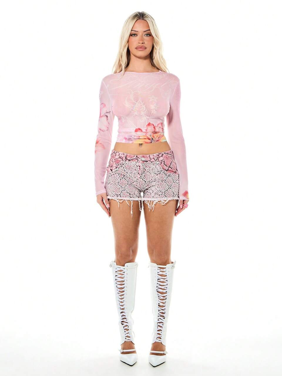 SUMWON WOMEN Sparkly Sequin Embellished High Rise Distressed Denim Shorts With Frayed Hem Snake Print Detail Festival Summer Vacation Beach Party Rave Concert Glitter Hot Pants