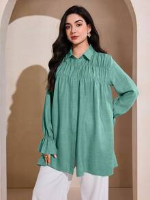Graceveil Elegant Women's Ruffle Loose Casual Long Sleeve Blouse, Sweet And Youthful - Green - View 7