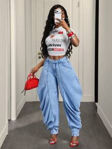 SHEIN BamGlam Quần jean denim nữ kiểu dáng thường ngày - Màu xanh lam - Xem 3