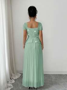 Modelyn French Square Collar Delicate Beaded Embroidery Patchwork Fitted Pleated Short Sleeve Elegant Dress - Green - View 7