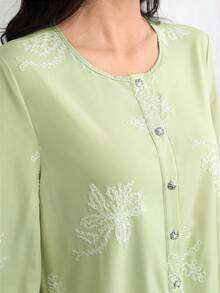 Graceveil Elegant Women's Loose Fit Round Neck Embroidered Long Sleeve Casual Vacation Blouse - Green - View 2