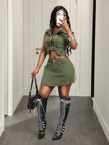 BamGleam 女士休闲牛仔套装 - 軍綠色 - 查看 5