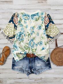 EMERY ROSE Plus Size Women's Retro Blue Floral Print Leopard Patchwork V-Neck Short Sleeve Blouse,White Summer Boho Flowy Vacation Ruffle Hem Loose Casual Shirt - Multicolor - View 2