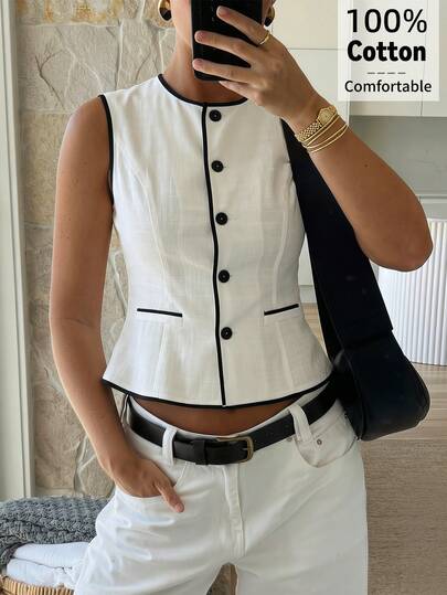 Firerie Blazer ajusté élégant et minimaliste pour femmes pour les déplacements quotidiens, veste blazer à col rond sans manches avec bordure de taille contrastée, style vintage, tenue d'enseignante, activités de plein air, tenue de bureau décontractée, déplacements modernes