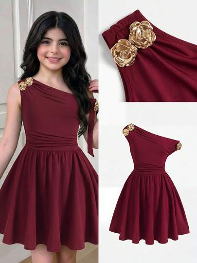 SHEIN Tween Girl Casual Off-Shoulder Ruched Cake Dress With Metal Rose Decor, Elegant Princess, Formal Wear, Sibling Outfit, Party Dress, Birthday Sister Outfit, Suitable For Girls Daily Wear, Festivals, Family Gatherings And Special Occasions, Sibling Style, Spring/Summer, Vacation, Cute, Elegant, Sweet, Retro, Fashionable. Matching Outfit For Mom And Daughter, Sisters