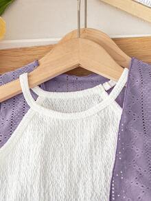 SHEIN Elladie kids 女童夏季新款简约吊带露脐背心，休闲直筒白色短裤，无袖针织提花薄外套（带腰带装饰），三件套舒适休闲时尚套装 - 紫色 - 查看 5