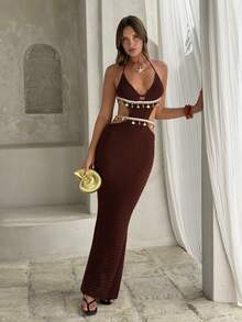 Aloruh Women's Brown Striped Hand-Crocheted Fitted Mermaid Knit Dress,Shell Woven Trim Open Back Tassel Beach Dress,Boho Autumn Holiday Vacation Holiday - Coffee Brown - View 4