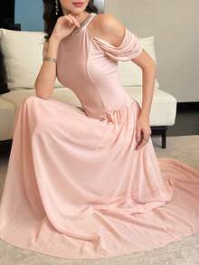Modelyn Đầm dài đính cườm hở vai thanh lịch, đầm cổ yếm dịu dàng dành cho phụ nữ. - Hồng - Xem 7