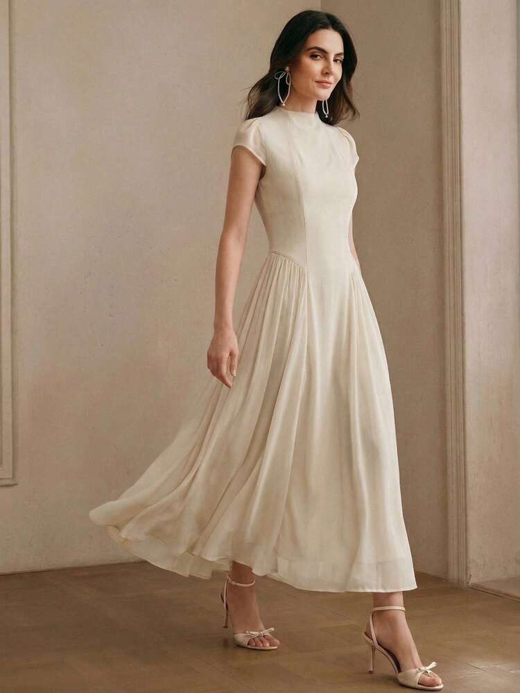 Women's Elegant Minimalist High-End Deep Coffee Stand Collar Split Elegant Dress