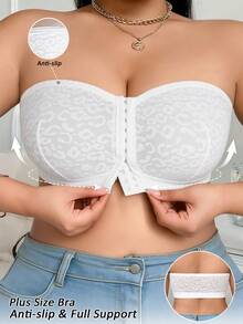 1pc Front Closure Leopard Print Lace Plus Size Bra With Non-Slip Grip - White - View 1