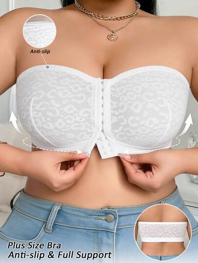 1pc Front Closure Leopard Print Lace Plus Size Bra With Non-Slip Grip