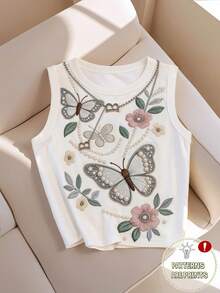 SHEIN Unity Áo hai dây nữ kiểu dáng thường ngày, thêu giả, đính cườm giả, in hình bướm và hoa, thích hợp cho mùa xuân/hè. - trắng - Xem 1
