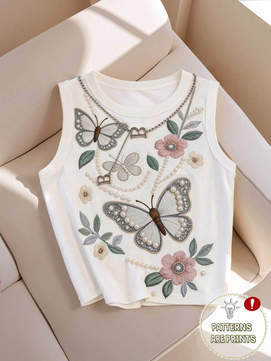 SHEIN Unity Áo hai dây nữ kiểu dáng thường ngày, thêu giả, đính cườm giả, in hình bướm và hoa, thích hợp cho mùa xuân/hè. - trắng - Xem 1