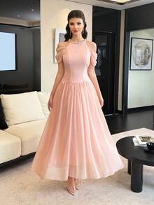 Modelyn Đầm dài đính cườm hở vai thanh lịch, đầm cổ yếm dịu dàng dành cho phụ nữ. - Hồng - Xem 4