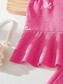Elladie kids 2pcs/Set Tenue d'été assortie pour filles en bas âge, rose clair, pour vacances en famille, chemise à col rond avec nœud papillon, broderie, imprimé, manches volantées et ourlet à volants & short - Rose vif - Voir 8