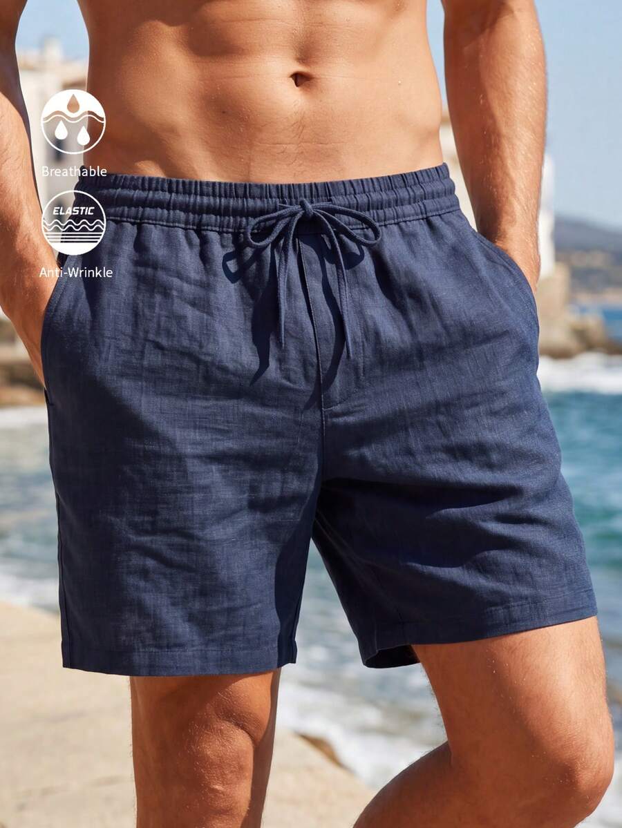 Manfinity KASUA Pantalones cortos de playa casuales de unicolor con cordón y bolsillos para hombres, vacaciones - Azul Marino - Ver 1