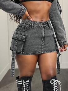 BamGleam Chân váy ngắn denim thời trang thường ngày dành cho nữ - Xám - Xem 5