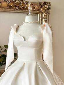 Lovelzi Elegant Luxurious Khaki Sequin Silk Bow Decor Spaghetti Strap Shell Pleated A-Line Short Cocktail Dress - White - View 3