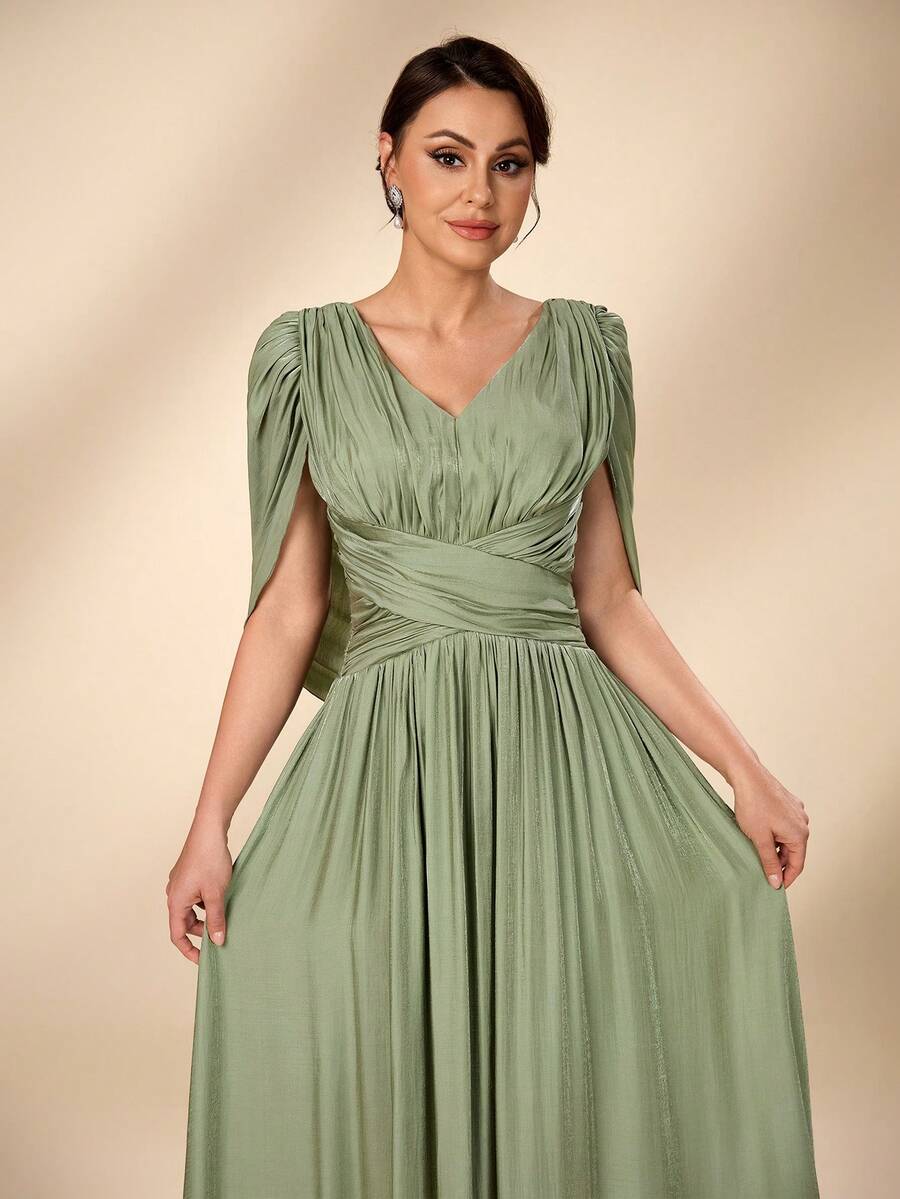 Serin Elegante, lujoso, diseño de cuello fruncido con organza satinada, mangas con drapeado en la espalda, silueta en línea A, adecuado para bodas, fiestas, vacaciones, galas, eventos nocturnos, vestidos de madre de la novia (muy adornado) - Verde - Ver 1