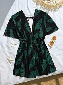 Swim Lushoire 1pc Women Mesh Leaf Pattern Cover-Up, Casual For Home, Beach, Pool, Vacation, Spring/Summer - Multicolor - View 3