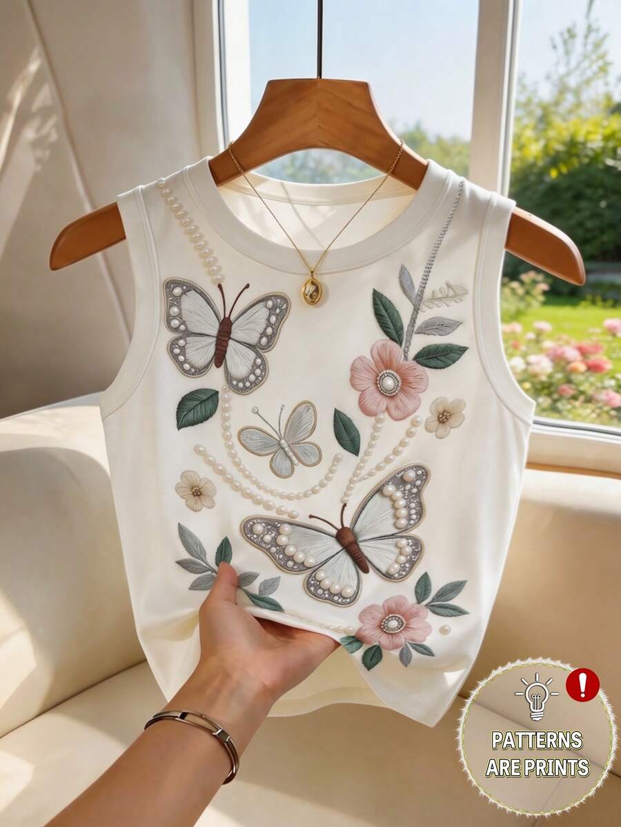 SHEIN Unity Áo hai dây nữ kiểu dáng thường ngày, thêu giả, đính cườm giả, in hình bướm và hoa, thích hợp cho mùa xuân/hè. - trắng - Xem 1