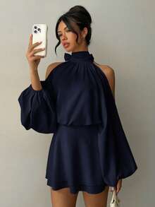 Aloruh Women's New Arrival Solid Color Long Sleeve Mini Dress, Lantern Design A-Line Party Night Out Date Afternoon Tea Autumn/Winter Navy Blue Elegant - Navy Blue - View 3