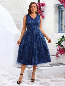 Miaspire Đầm hè cỡ lớn dành cho nữ, cổ chữ V, không tay, thắt eo. - màu đen - Xem 1