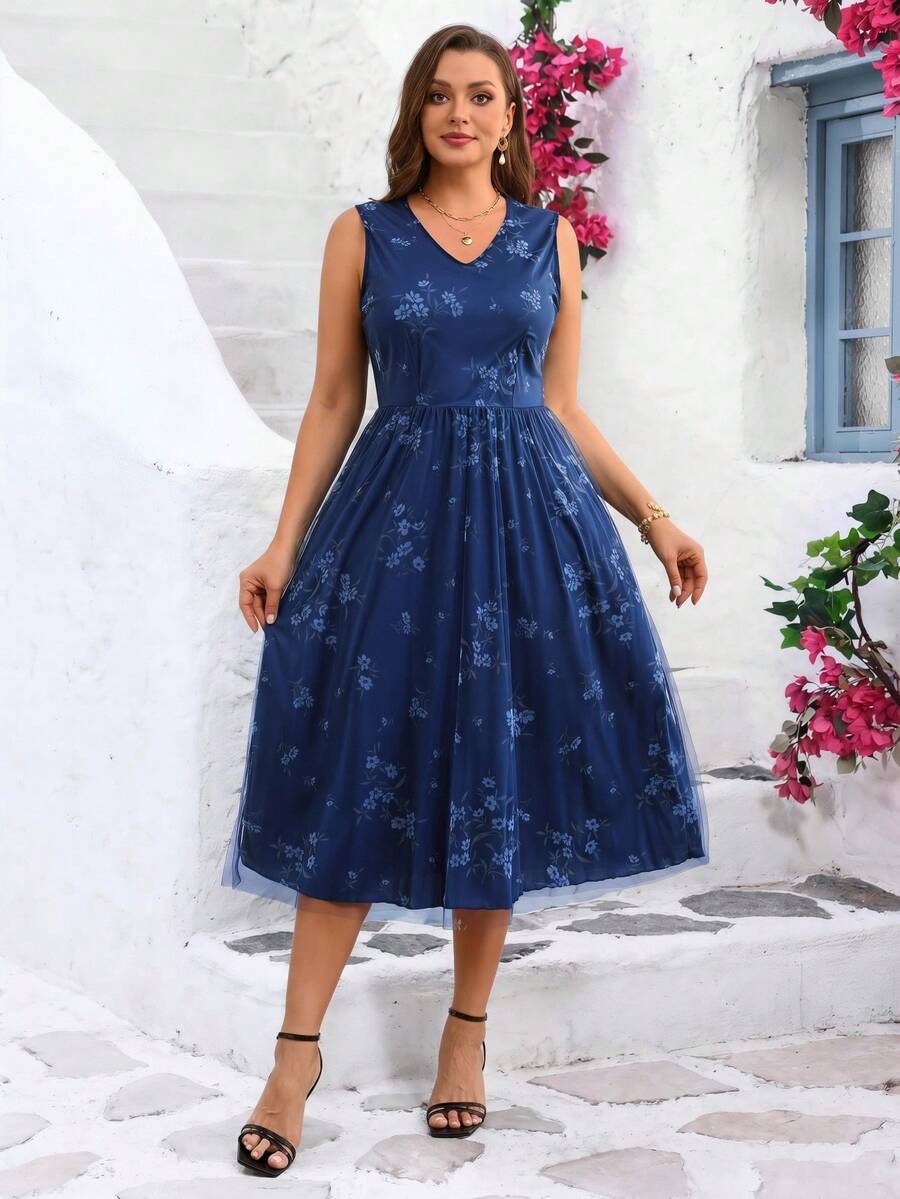 Miaspire Đầm hè cỡ lớn dành cho nữ, cổ chữ V, không tay, thắt eo. - màu đen - Xem 1