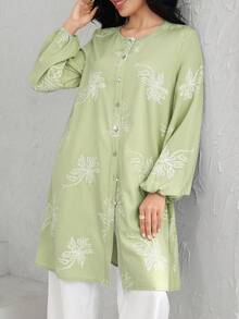 Graceveil Elegant Women's Loose Fit Round Neck Embroidered Long Sleeve Casual Vacation Blouse - Green - View 6