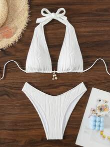 SHEIN Swim 夏季海滩女士纯色挂脖比基尼套装带人造珍珠和贝壳吊坠装饰，两件套 - 白色 - 查看 4