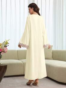 Yasmyna V-Neck Embroidered Applique Pink Relaxed Casual Long Sleeve Flared Elegant Robe - Apricot - View 5